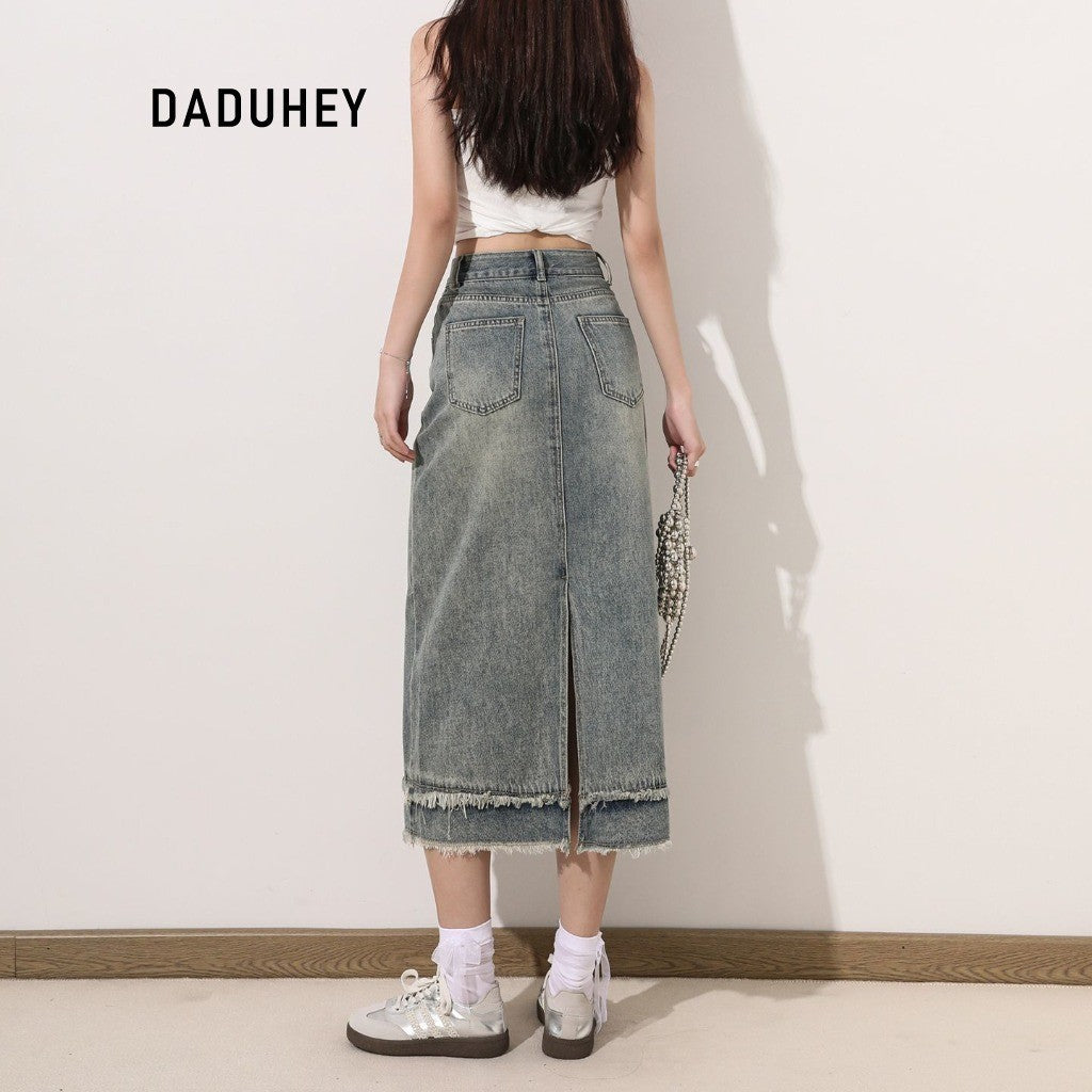 DaDuHey DaDuHey Women's Denim Skirt with High Waist A- line Sheath Covering Slimming Patchwork Frayed Hem Split