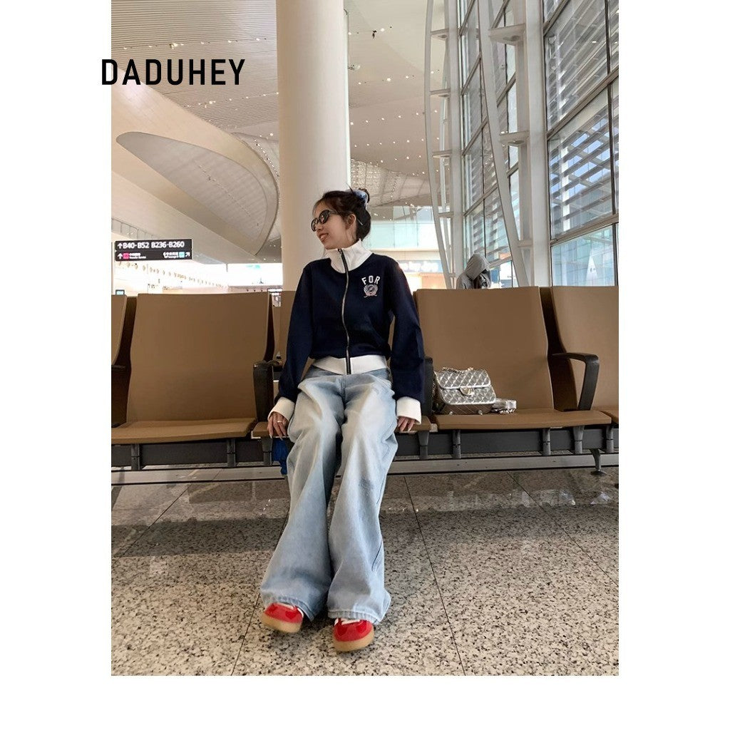 DADUHEY Blue Distressed Wide-Leg Jeans Women | Crack Denim Mop Pants
