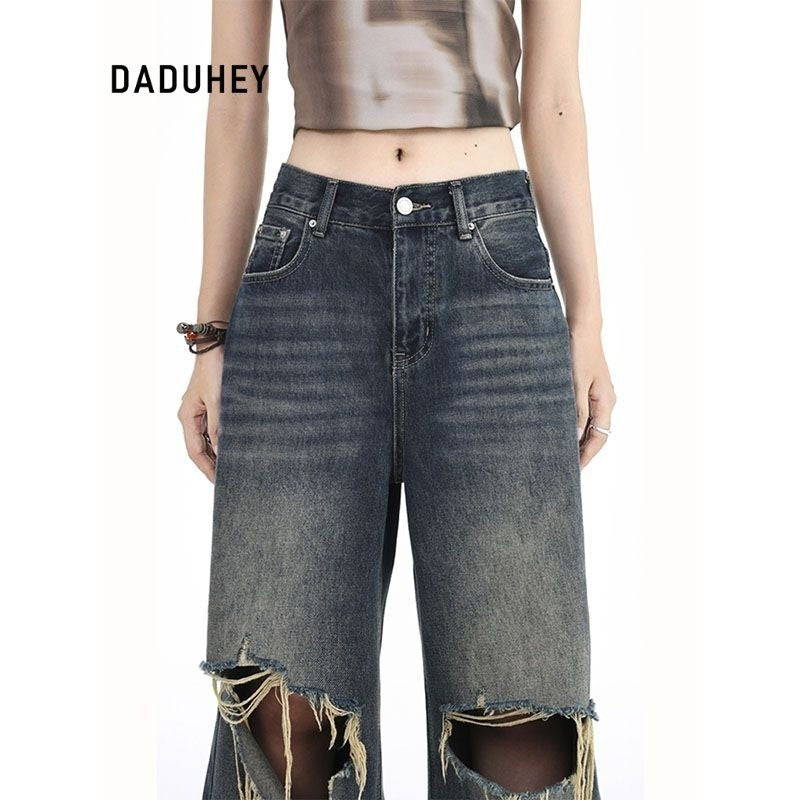 DADUHEY Blue Ultra-Thin Wide-Leg Jeans Women | Ripped Slimming Denim