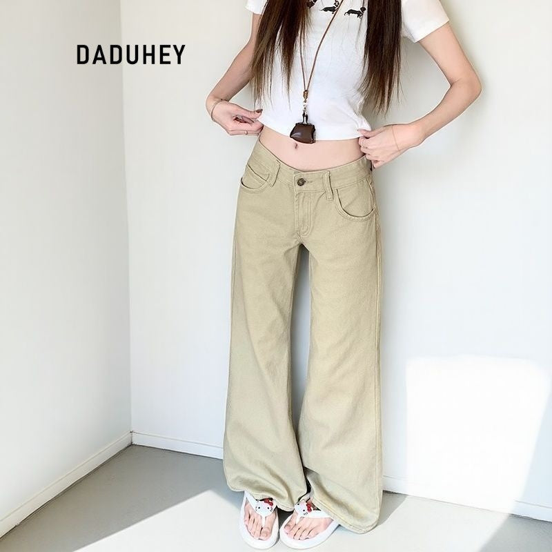 DADUHEY Straight Jeans Women's American-Style Retro Low Waist Loose Slimming Khaki Trousers in Stock
