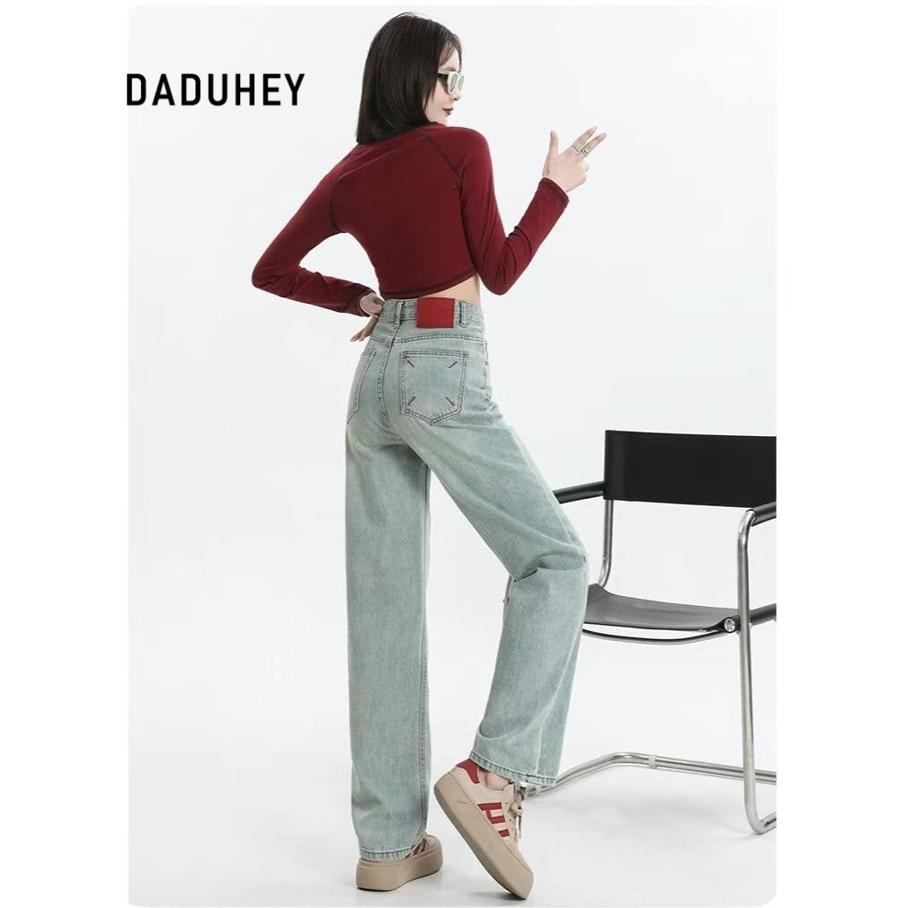 DaDuHey DaDuHey Embroidery Contrast Color Design Sense High Waist Hip Lift Slimming and Straight Loose Jeans for Women