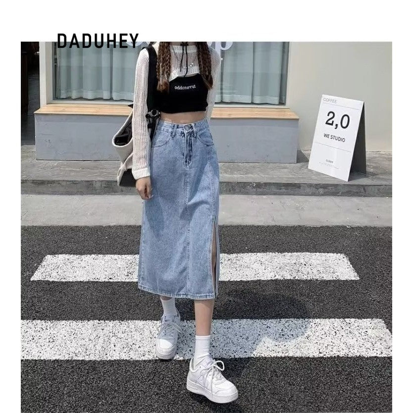 DADUHEY High-Waist Denim Skirt Women | Split Mid-Length Sheath