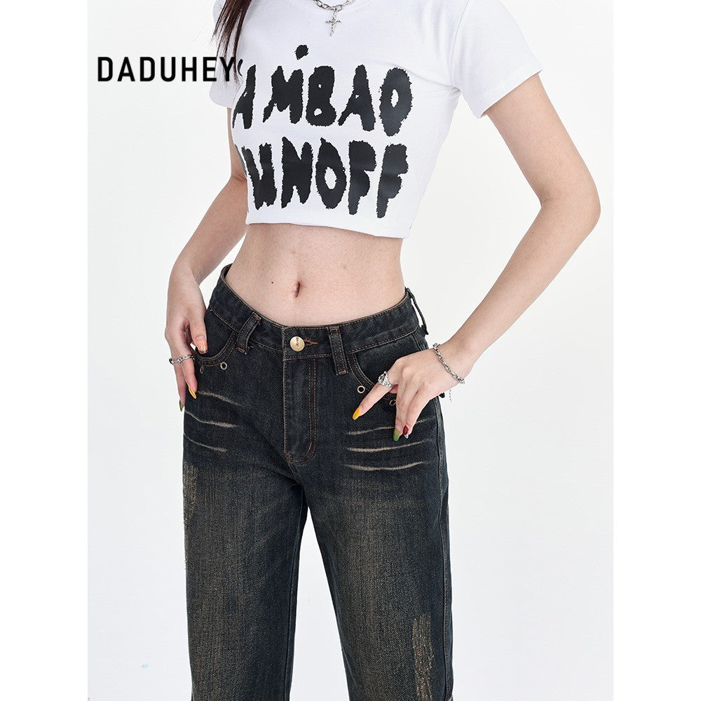 DaDuHey Summer New Retro Low Waist Loose Pear Shapes Straight Skinny Jeans for Women