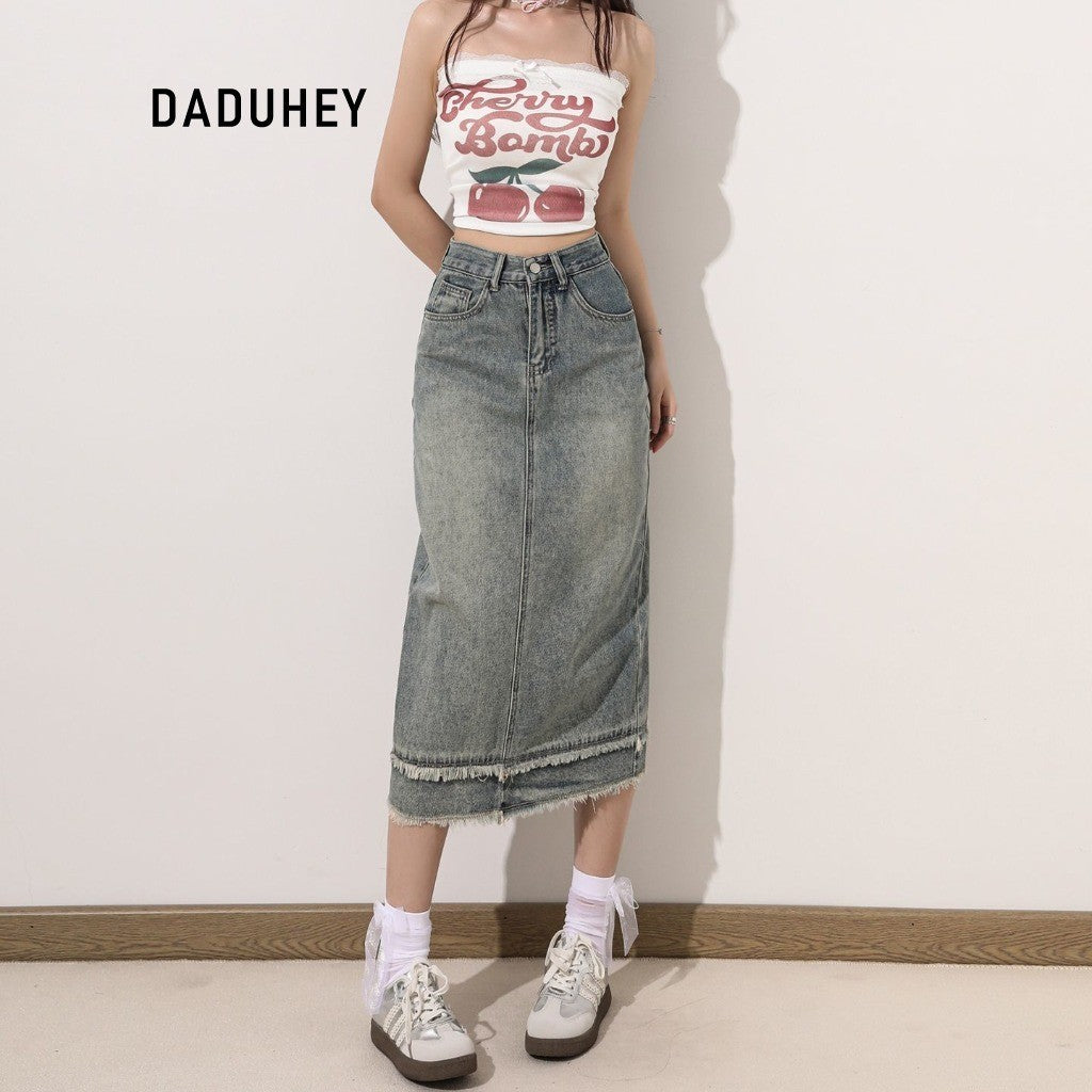 DaDuHey DaDuHey Women's Denim Skirt with High Waist A- line Sheath Covering Slimming Patchwork Frayed Hem Split