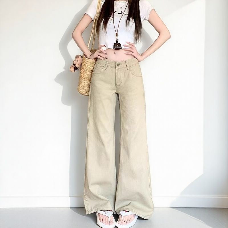 DADUHEY Straight Jeans Women's American-Style Retro Low Waist Loose Slimming Khaki Trousers in Stock