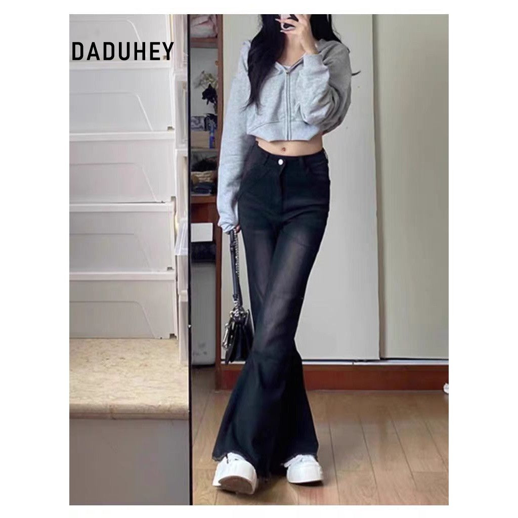 DADUHEY Black Grey High-Waist Wide-Leg Mop Jeans Women | Retro Loose Fit