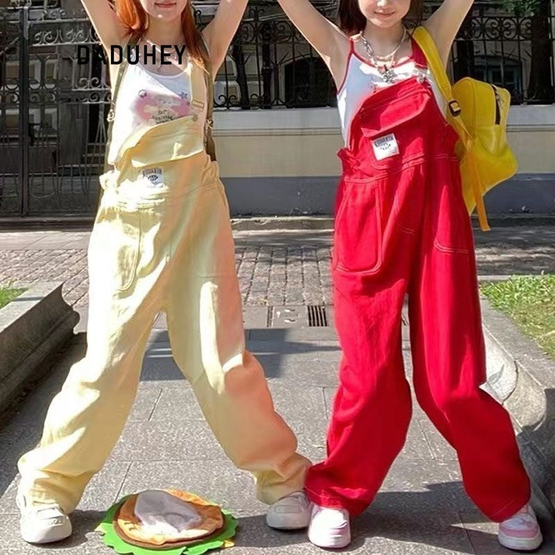 DaDuHey American Retro Red Jeans Denim Suspender Pants Wide Leg New Summer High Waist Loose Straight Slimming Trousers