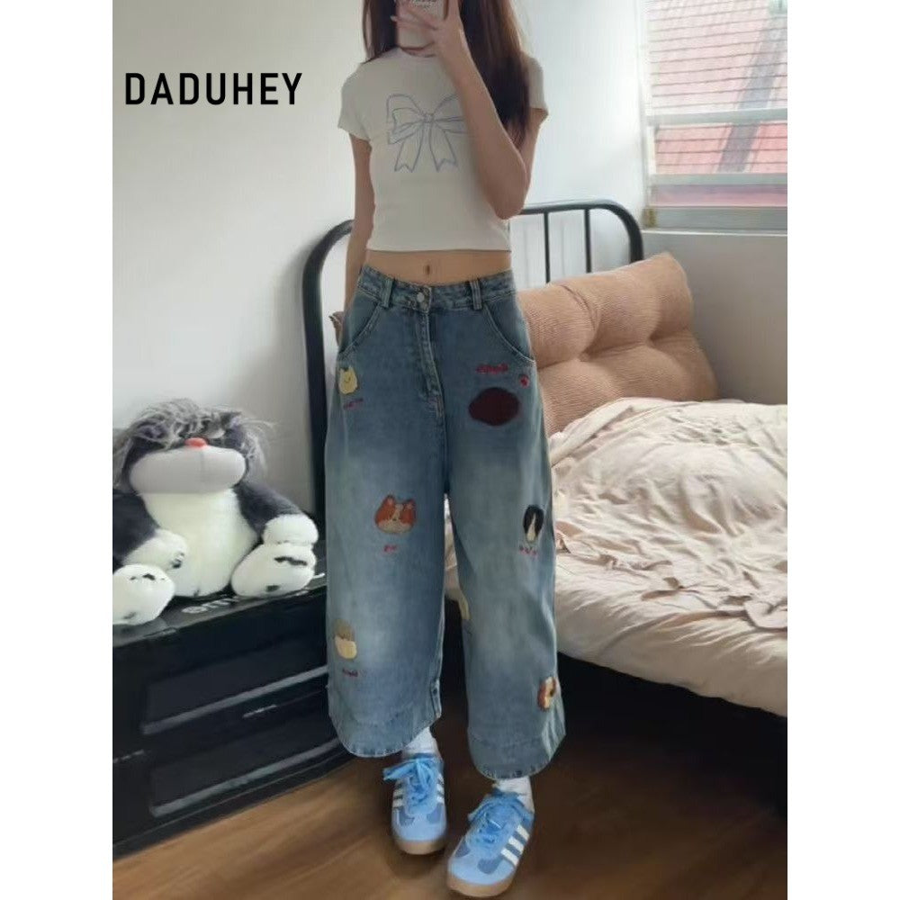 DADUHEY Plaid Trim Wide-Leg Cropped Jeans Women | Korean Loose