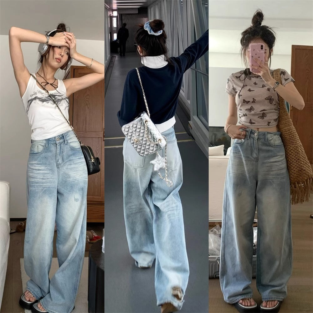 DADUHEY Blue Distressed Wide-Leg Jeans Women | Crack Denim Mop Pants
