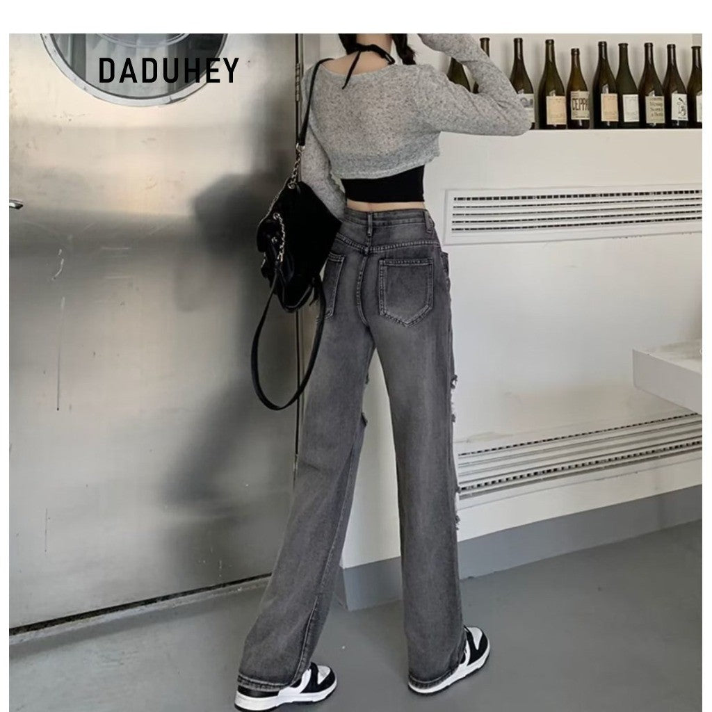 DADUHEY Hip-Hop Ripped Wide-Leg Jeans Women | High-Waist Style