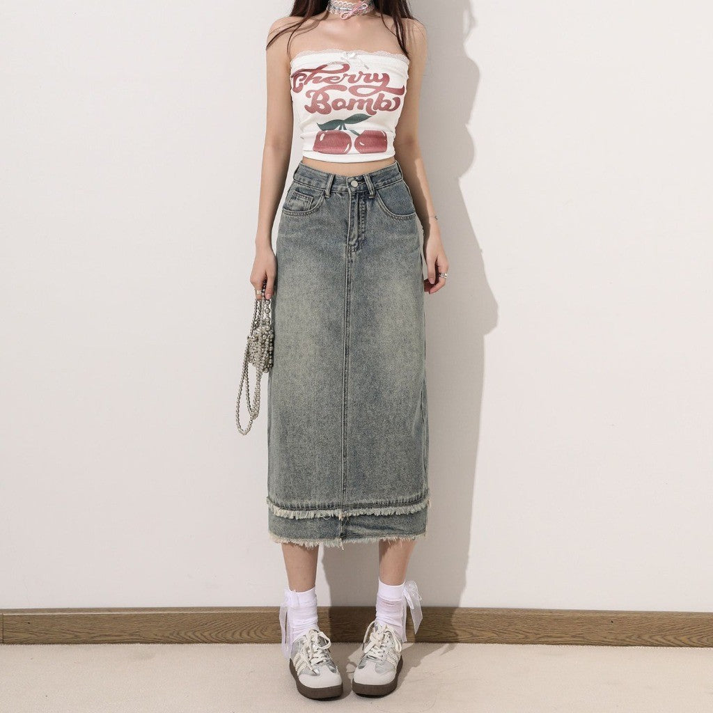 DaDuHey DaDuHey Women's Denim Skirt with High Waist A- line Sheath Covering Slimming Patchwork Frayed Hem Split