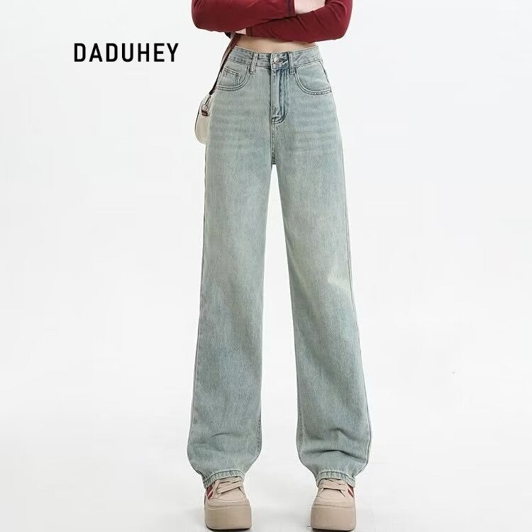 DaDuHey DaDuHey Embroidery Contrast Color Design Sense High Waist Hip Lift Slimming and Straight Loose Jeans for Women