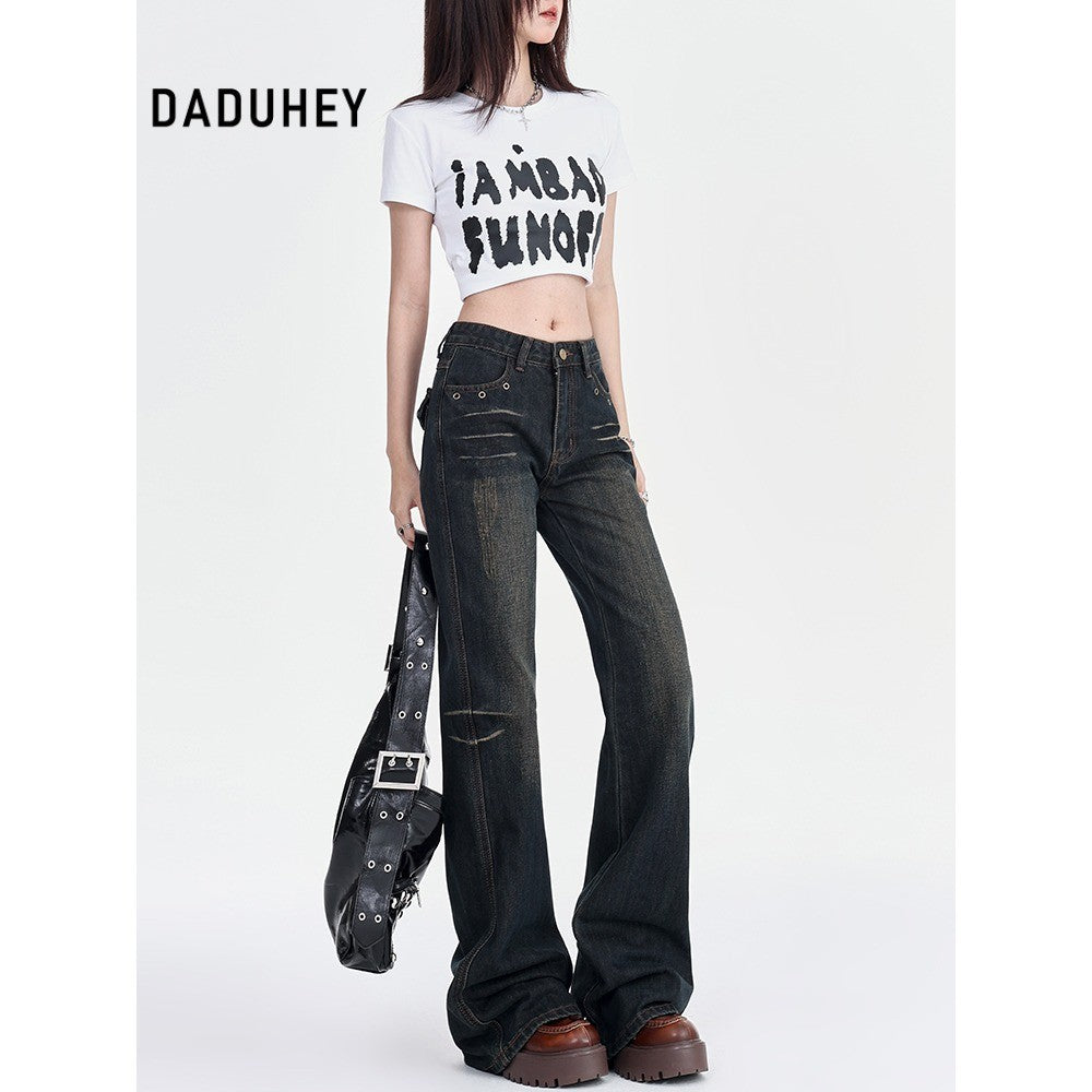 DaDuHey Summer New Retro Low Waist Loose Pear Shapes Straight Skinny Jeans for Women