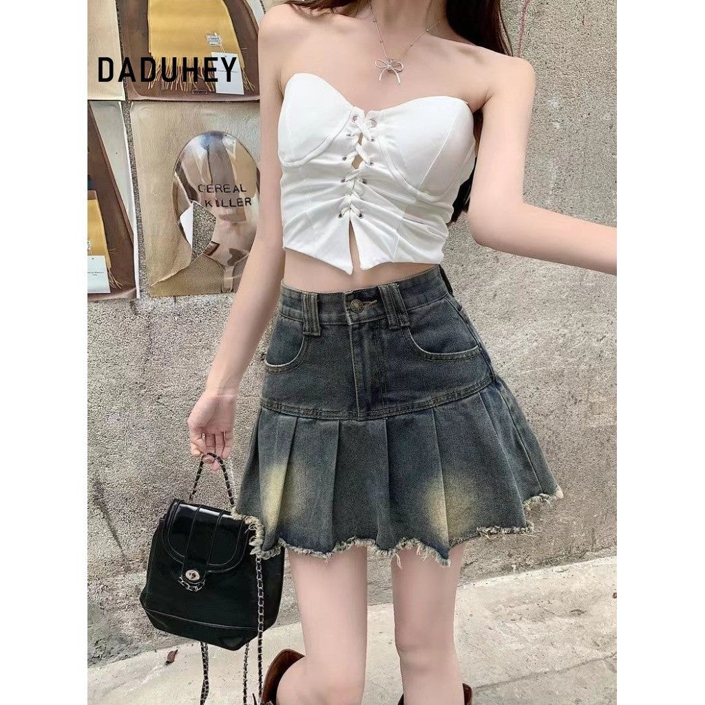 DADUHEY Blue Raw-Edge Denim Pleated Skirt Women | High-Waist A-Line