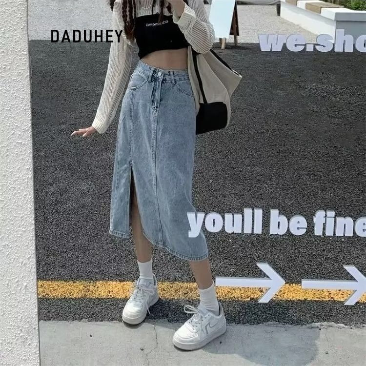 DADUHEY High-Waist Denim Skirt Women | Split Mid-Length Sheath