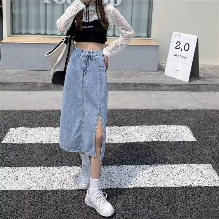 DADUHEY High-Waist Denim Skirt Women | Split Mid-Length Sheath