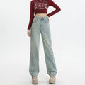 DaDuHey DaDuHey Embroidery Contrast Color Design Sense High Waist Hip Lift Slimming and Straight Loose Jeans for Women