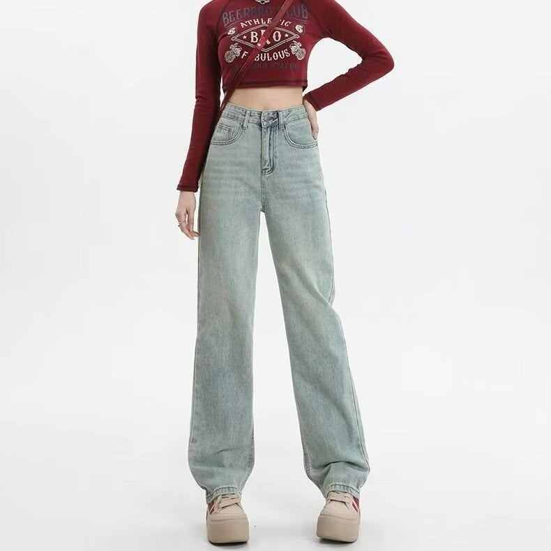 DaDuHey DaDuHey Embroidery Contrast Color Design Sense High Waist Hip Lift Slimming and Straight Loose Jeans for Women