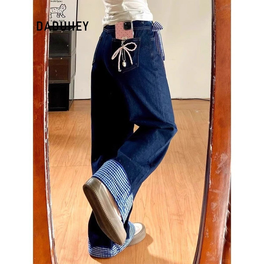 DaDuHey Palazzo JEANS Women Tali Busur Retro Rasa Reka Bentuk Lurus Flared Jeans High Waist