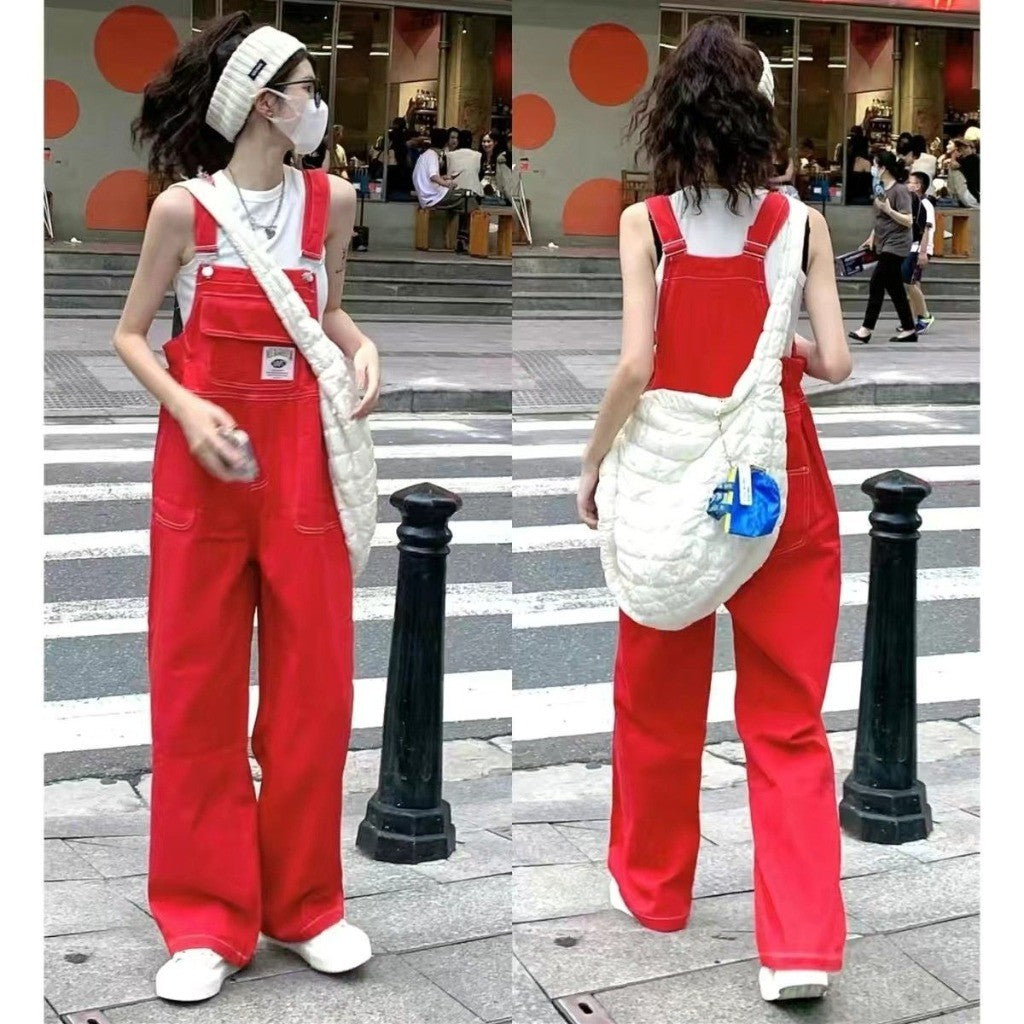 DaDuHey American Retro Red Jeans Denim Suspender Pants Wide Leg New Summer High Waist Loose Straight Slimming Trousers