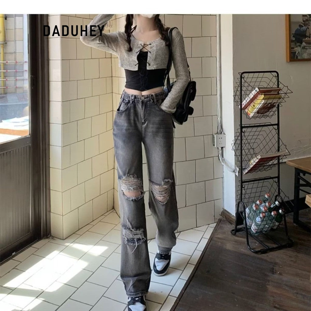 DADUHEY Hip-Hop Ripped Wide-Leg Jeans Women | High-Waist Style