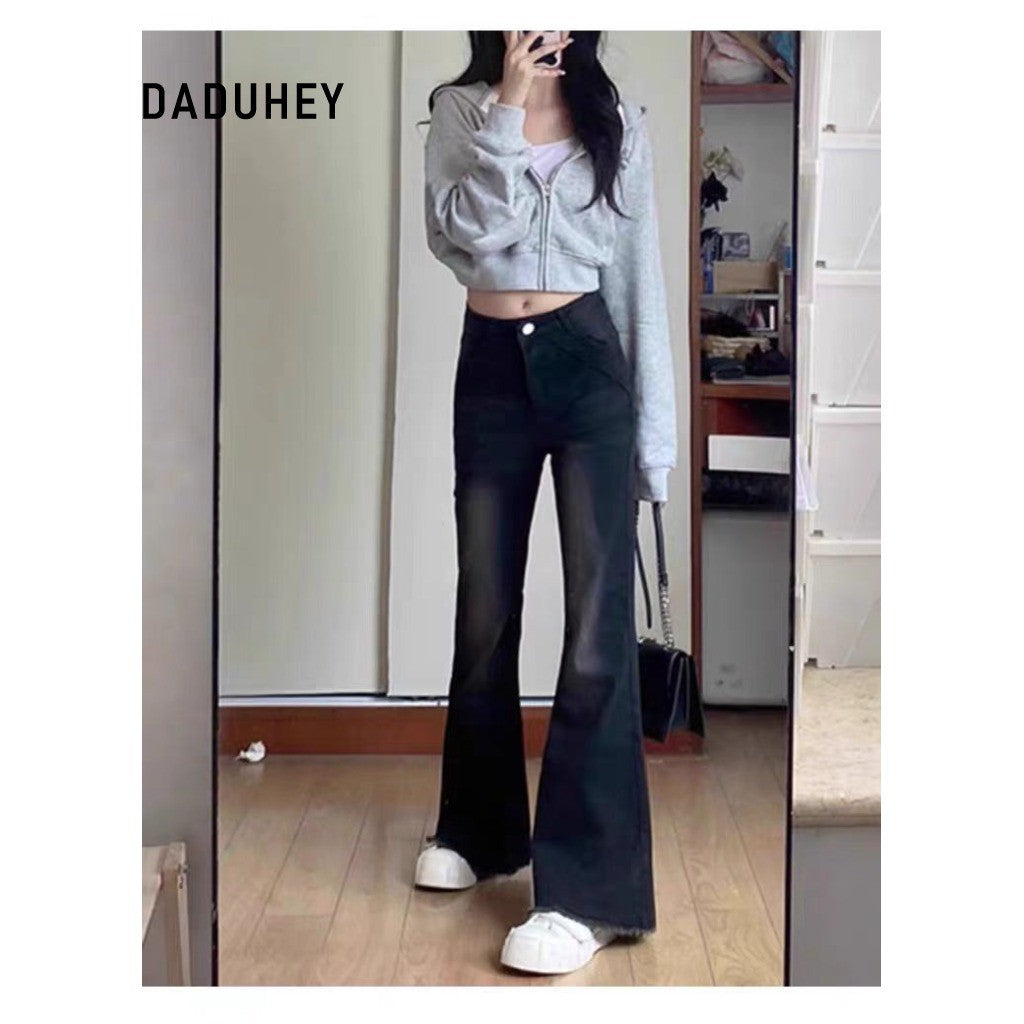 DADUHEY Black Grey High-Waist Wide-Leg Mop Jeans Women | Retro Loose Fit