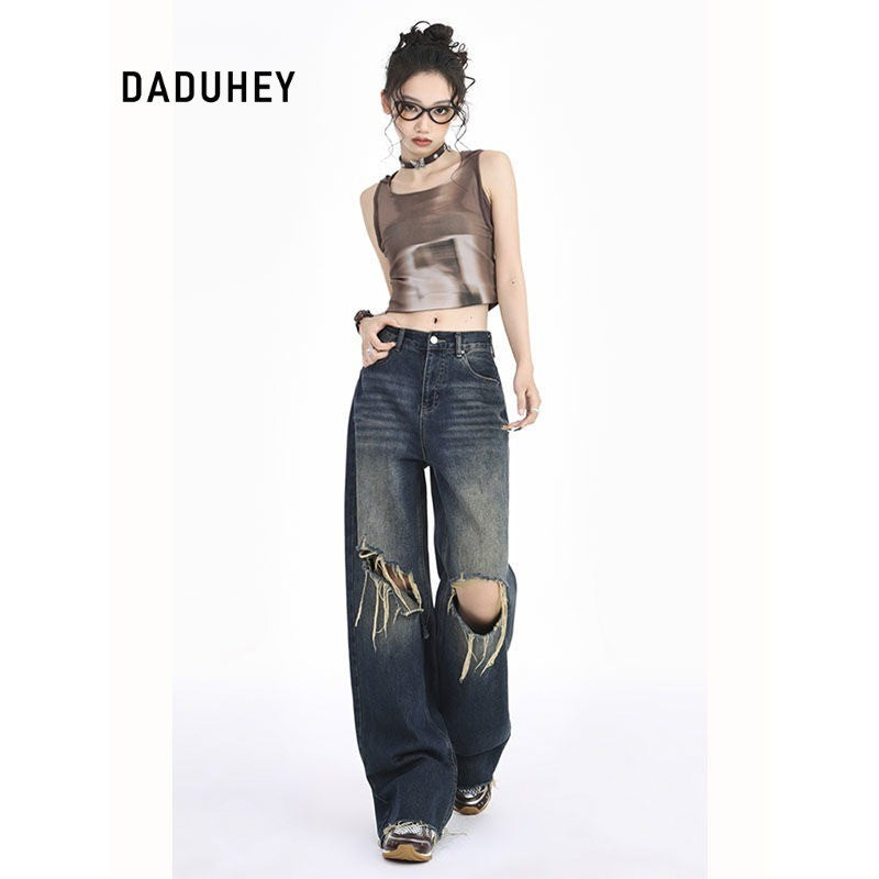 DADUHEY Blue Ultra-Thin Wide-Leg Jeans Women | Ripped Slimming Denim