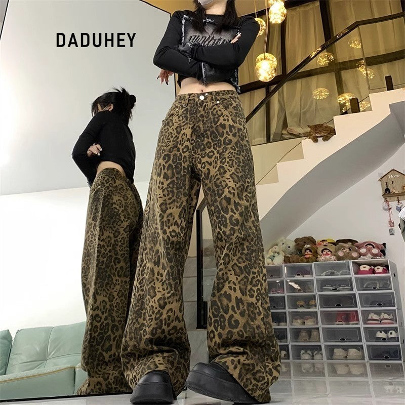 DADUHEY Leopard Print Wide-Leg Jeans Women | Western High Street Denim