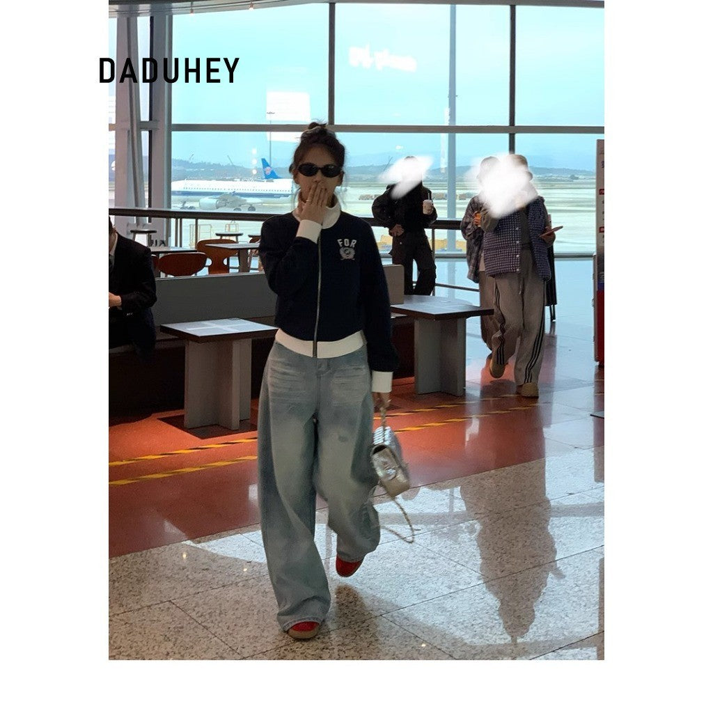 DADUHEY Blue Distressed Wide-Leg Jeans Women | Crack Denim Mop Pants