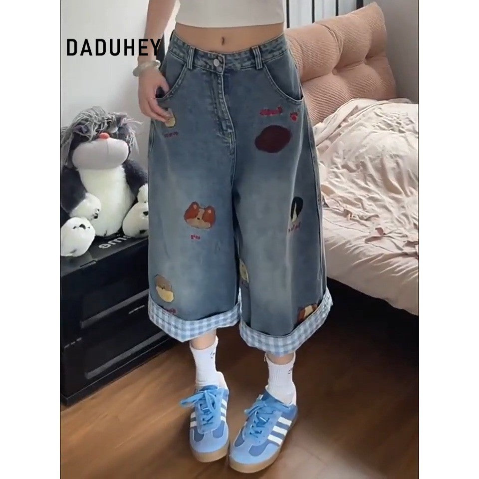 DADUHEY Plaid Trim Wide-Leg Cropped Jeans Women | Korean Loose