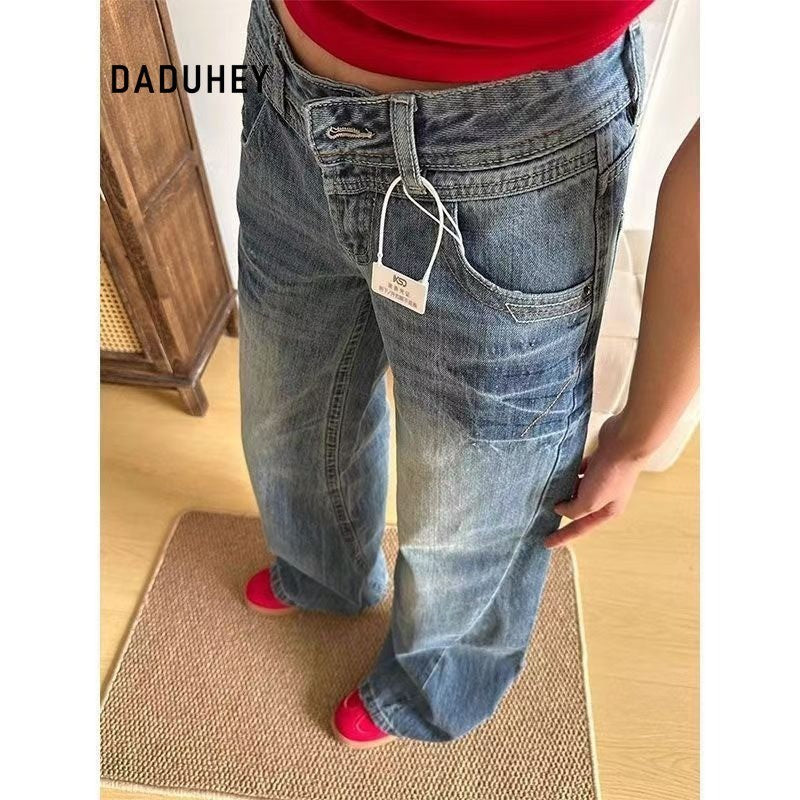 DaDuHey Straight Jeans Women's American Retro Hot Girl Low Waist Wide Leg High Slimming Mop Trousers