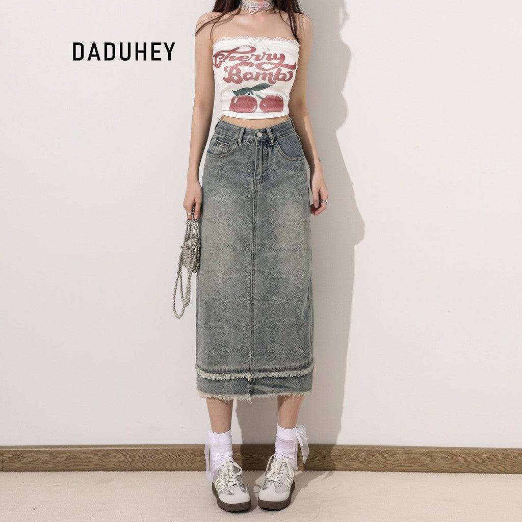 DaDuHey DaDuHey Women's Denim Skirt with High Waist A- line Sheath Covering Slimming Patchwork Frayed Hem Split