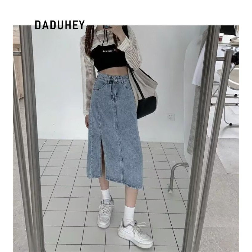 DADUHEY High-Waist Denim Skirt Women | Split Mid-Length Sheath