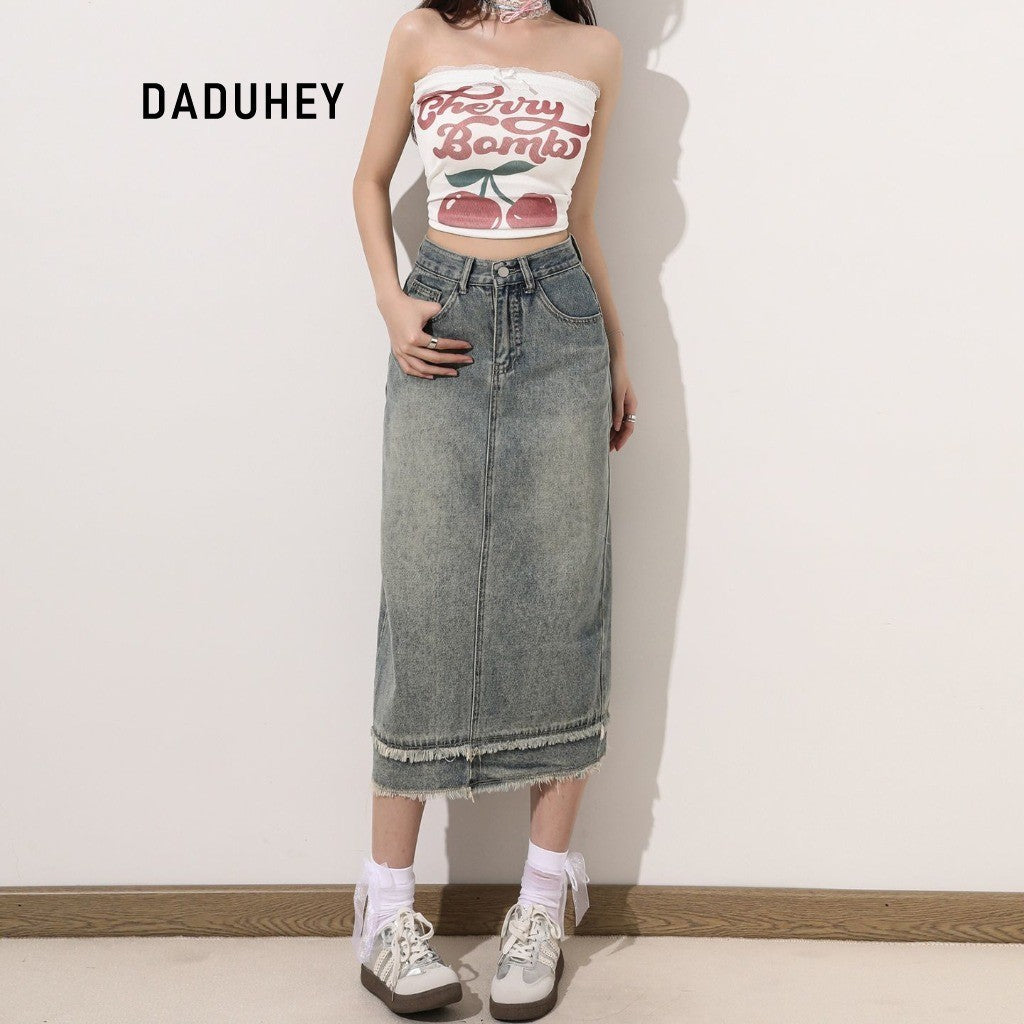 DaDuHey DaDuHey Women's Denim Skirt with High Waist A- line Sheath Covering Slimming Patchwork Frayed Hem Split