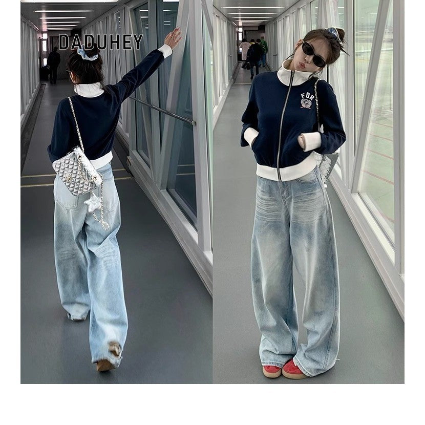 DADUHEY Blue Distressed Wide-Leg Jeans Women | Crack Denim Mop Pants