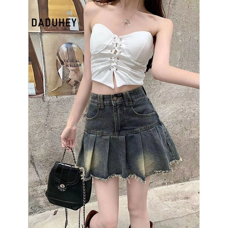 DADUHEY Blue Raw-Edge Denim Pleated Skirt Women | High-Waist A-Line