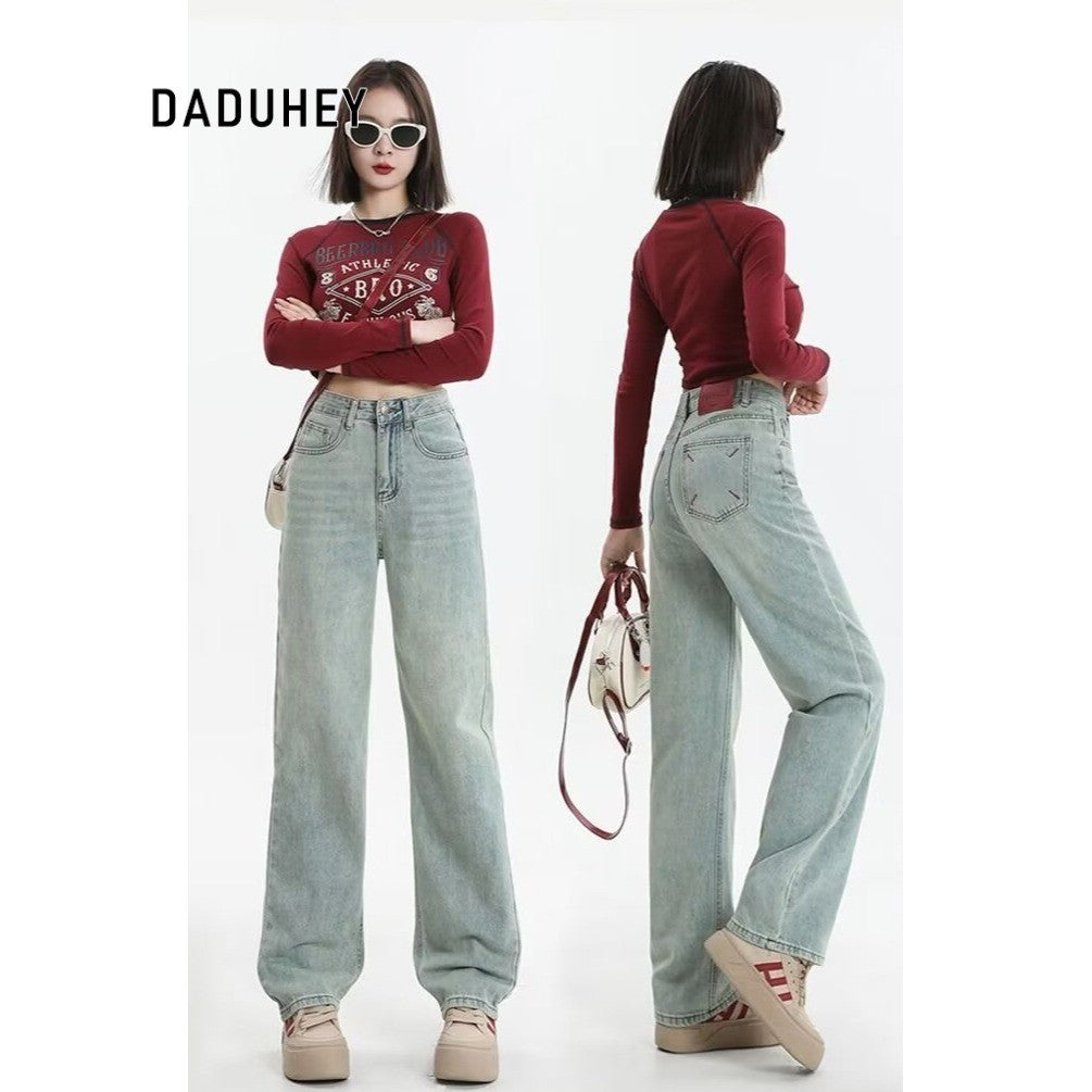 DaDuHey DaDuHey Embroidery Contrast Color Design Sense High Waist Hip Lift Slimming and Straight Loose Jeans for Women