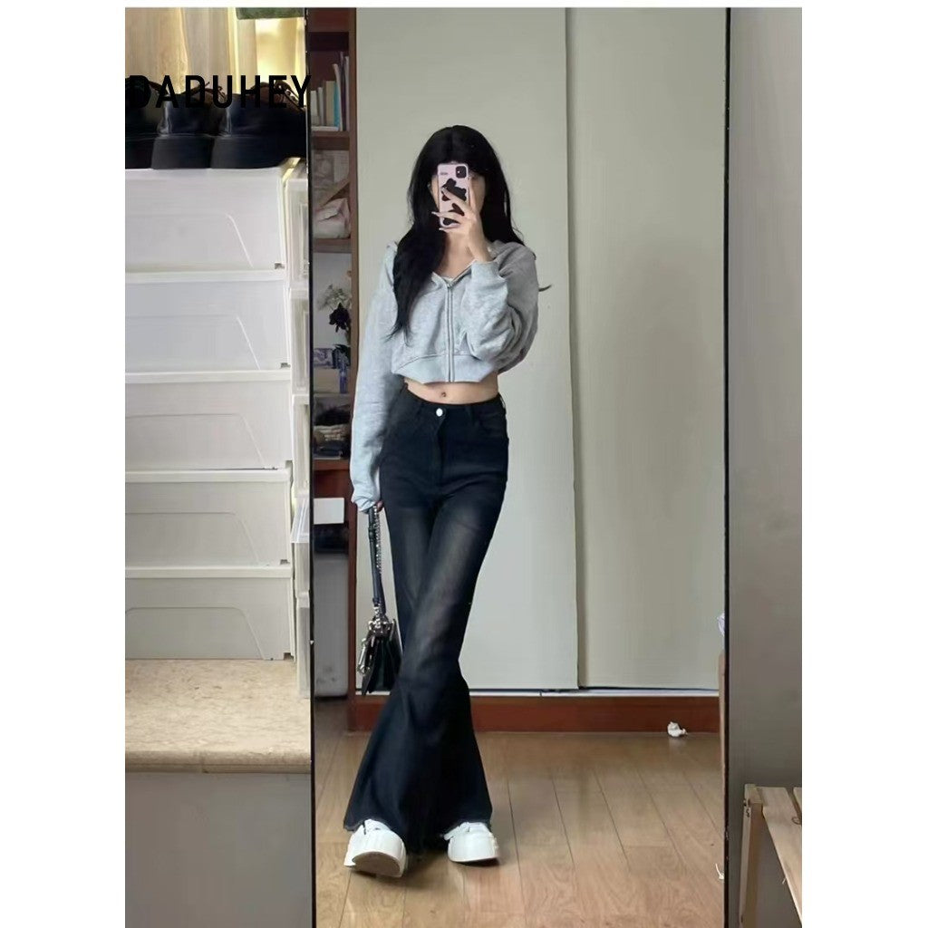 DADUHEY Black Grey High-Waist Wide-Leg Mop Jeans Women | Retro Loose Fit