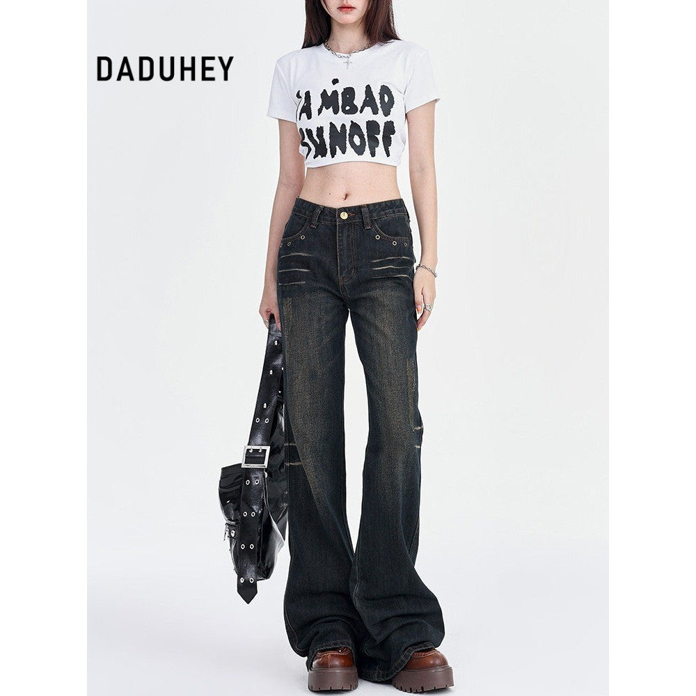 DaDuHey Summer New Retro Low Waist Loose Pear Shapes Straight Skinny Jeans for Women