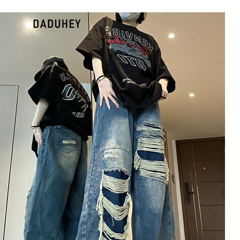 DADUHEY High Street Distressed Wide-Leg Jeans | Thin Straight Retro