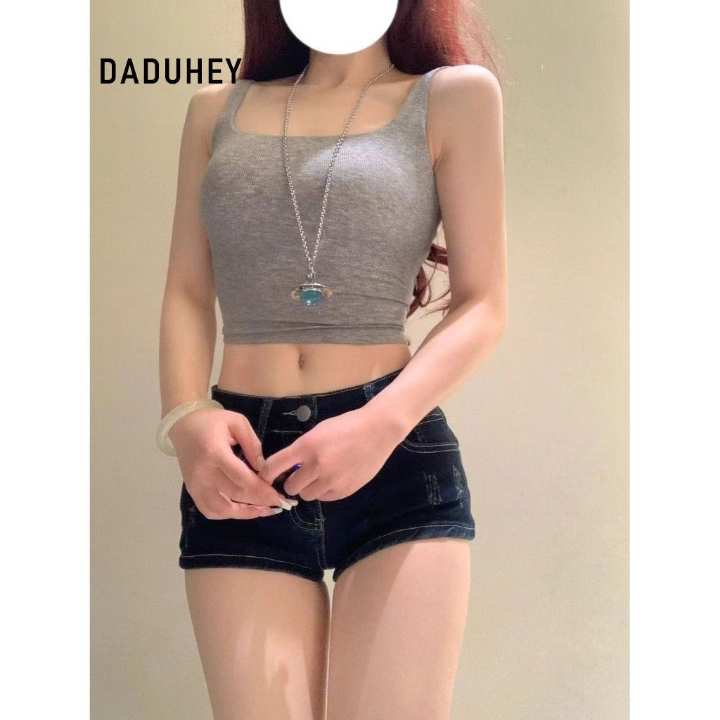 DADUHEY Retro Low-Waist Tight Denim Shorts Women | Dark Blue