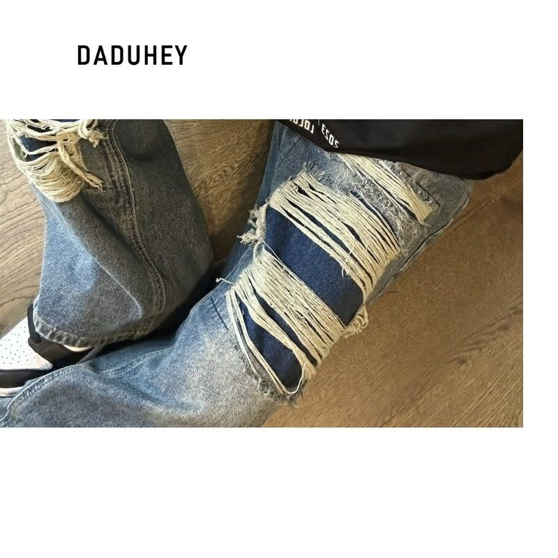 DADUHEY High Street Distressed Wide-Leg Jeans | Thin Straight Retro