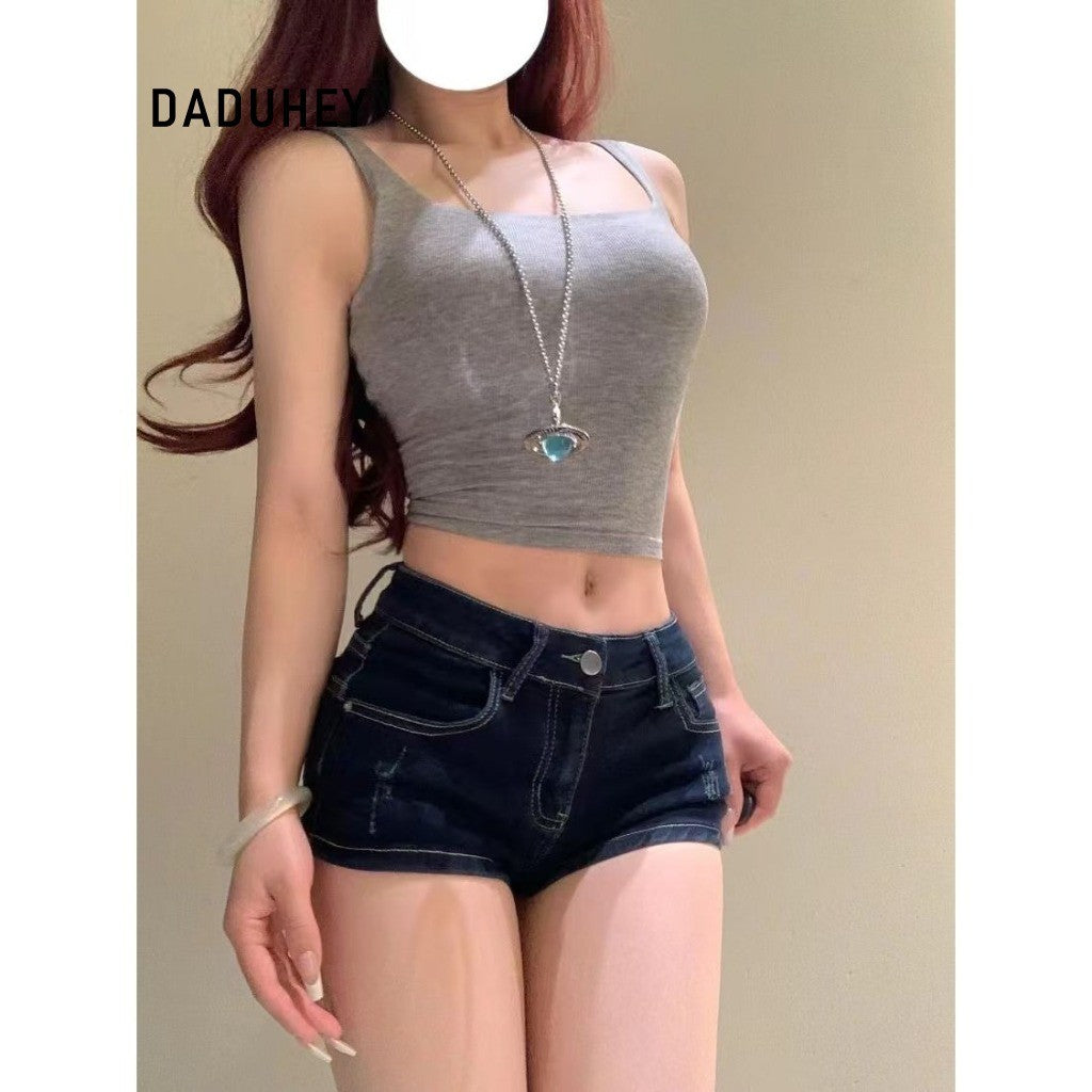 DADUHEY Retro Low-Waist Tight Denim Shorts Women | Dark Blue