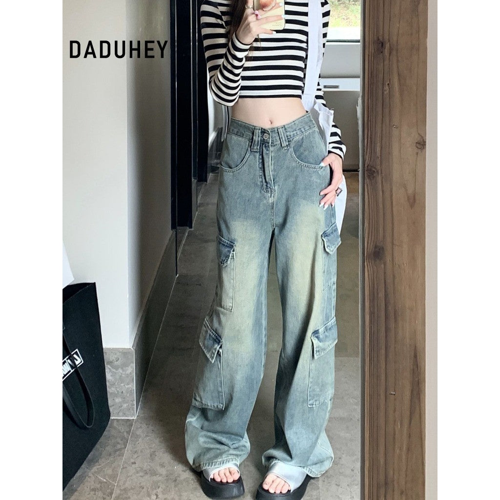 DADUHEY Retro Workwear Wide-Leg Mop Jeans Women | Loose Straight