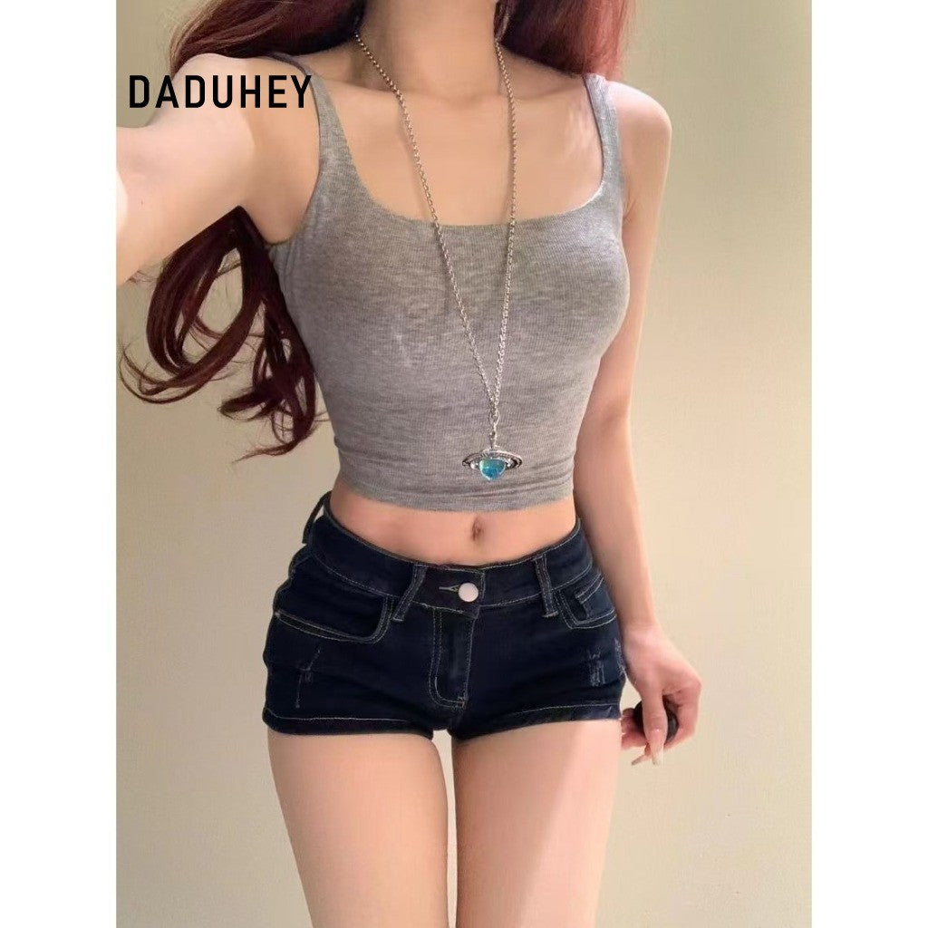 DADUHEY Retro Low-Waist Tight Denim Shorts Women | Dark Blue