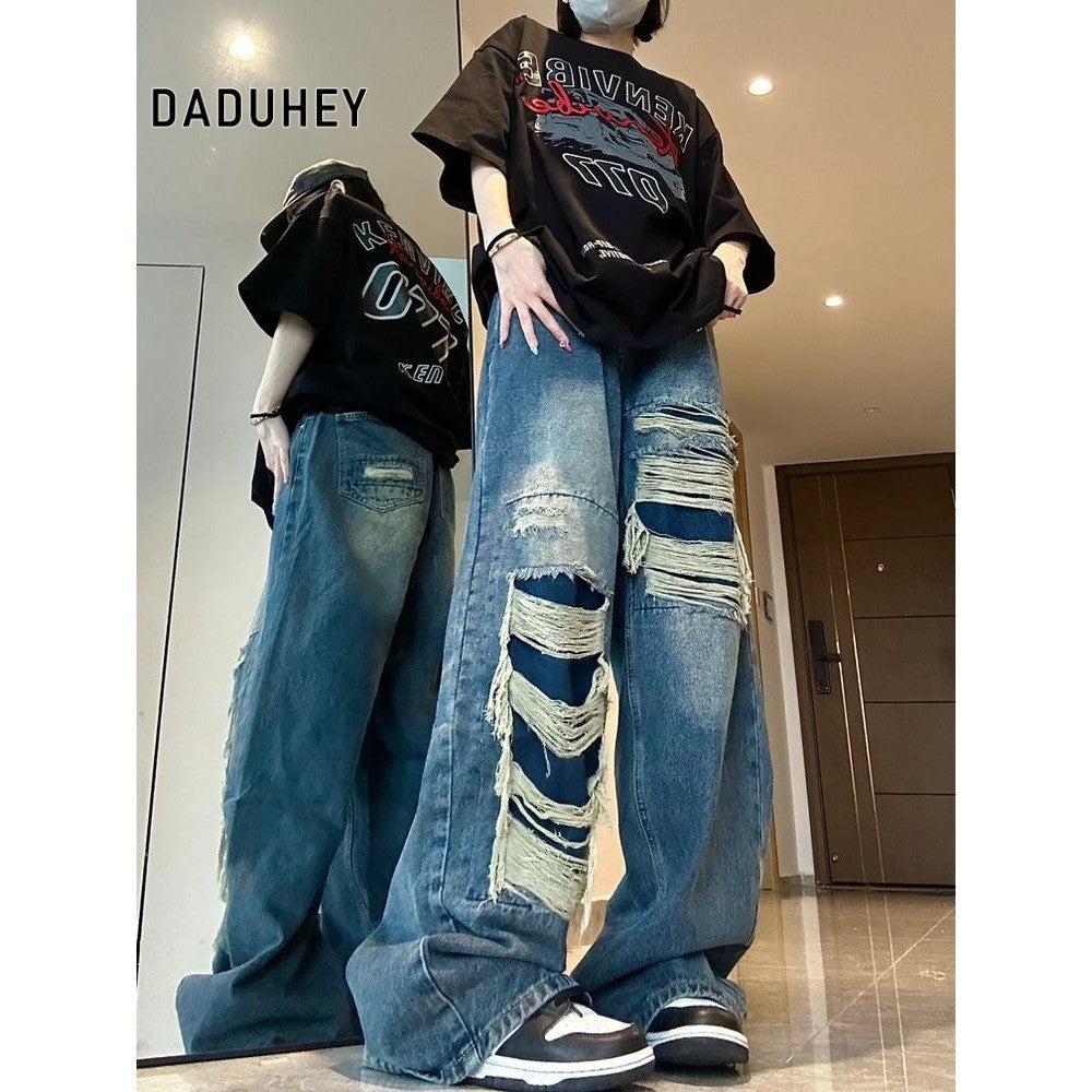 DADUHEY High Street Distressed Wide-Leg Jeans | Thin Straight Retro