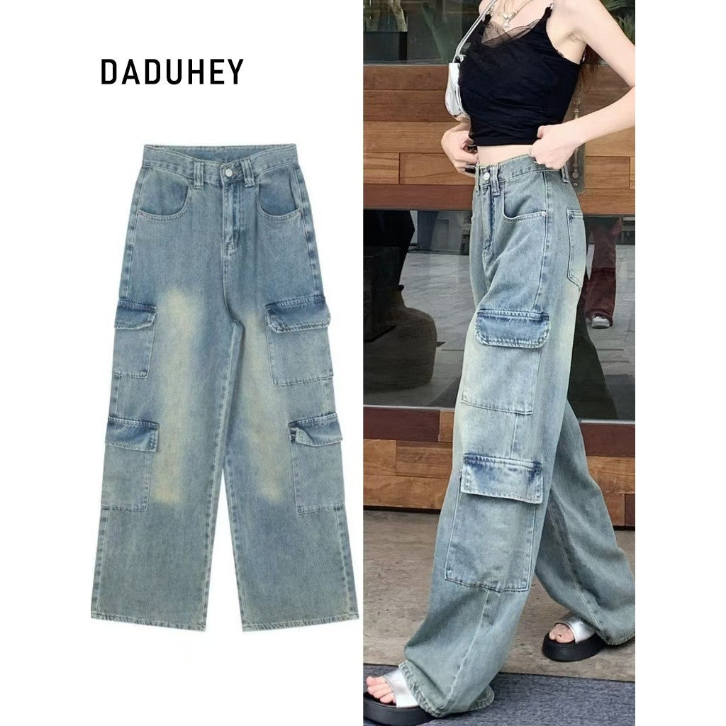 DADUHEY Retro Workwear Wide-Leg Mop Jeans Women | Loose Straight