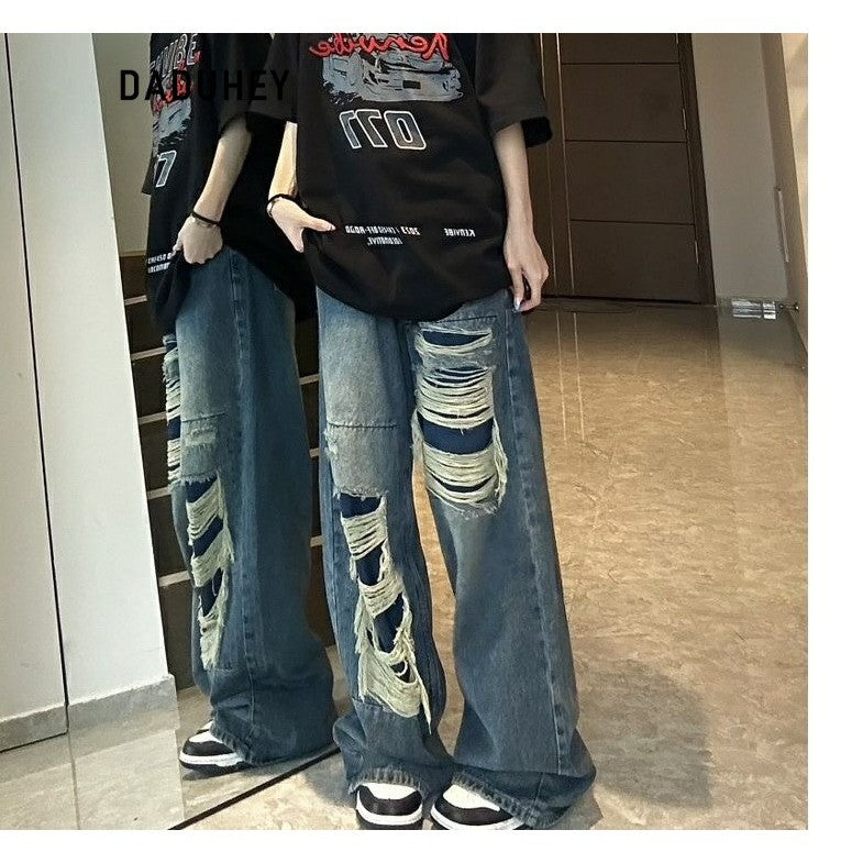 DADUHEY High Street Distressed Wide-Leg Jeans | Thin Straight Retro