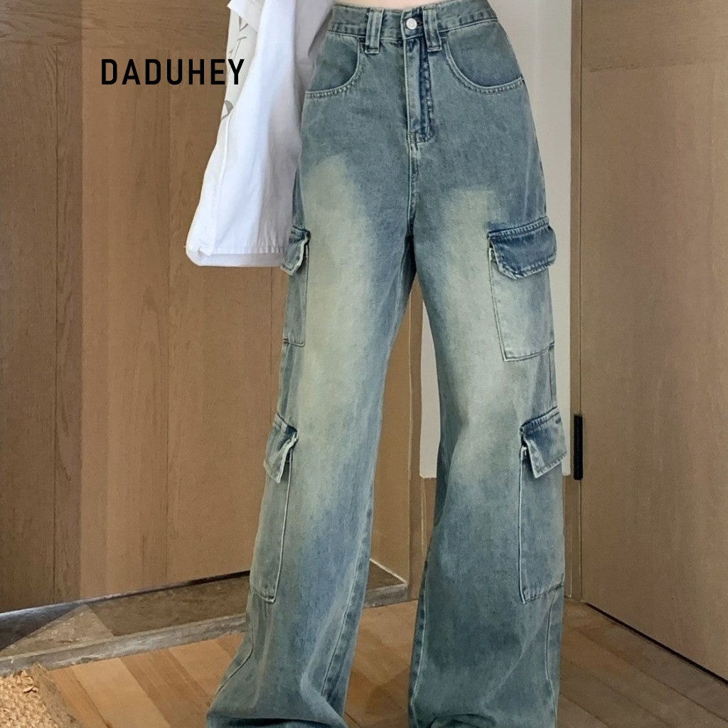 DADUHEY Retro Workwear Wide-Leg Mop Jeans Women | Loose Straight