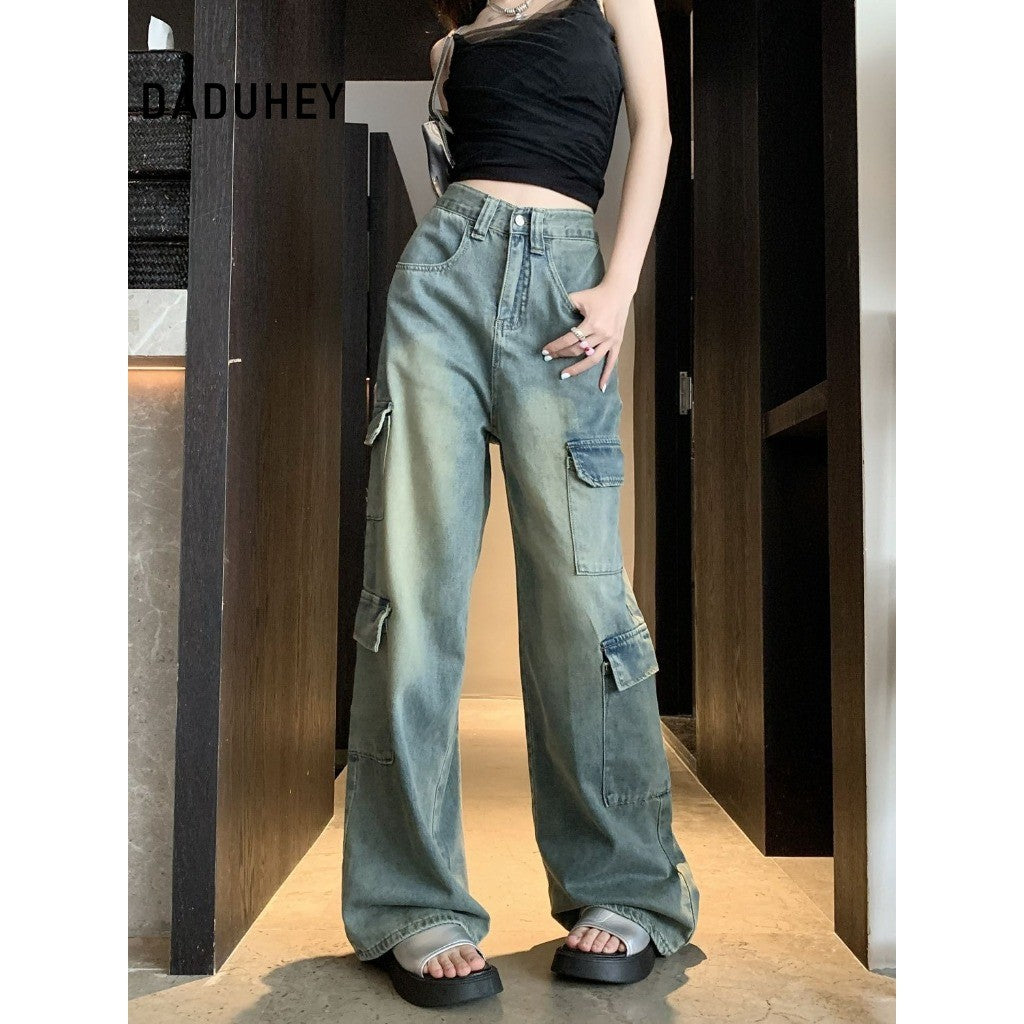 DADUHEY Retro Workwear Wide-Leg Mop Jeans Women | Loose Straight